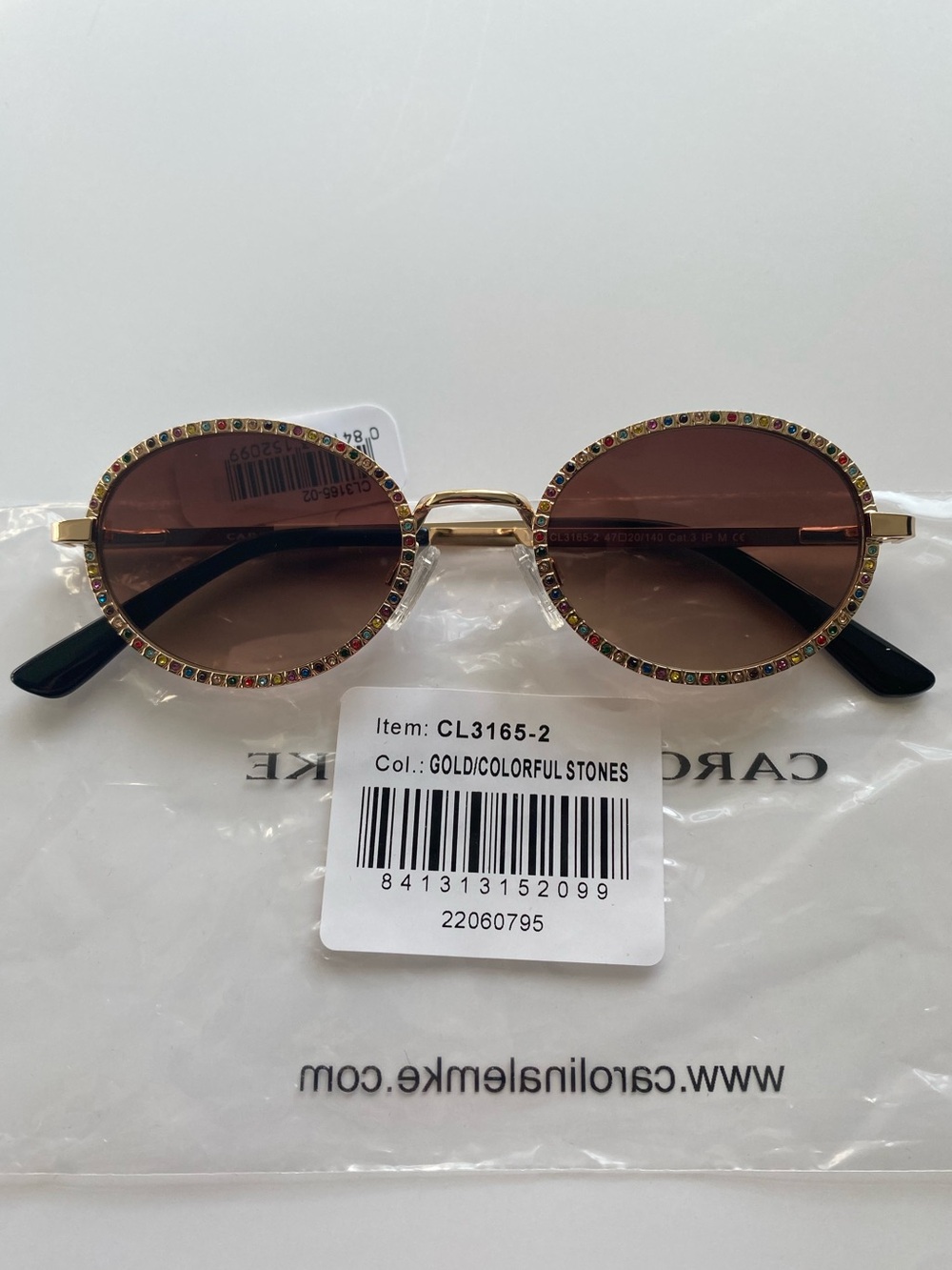 NEW Carolina Lemke Liya Gold Colorful Jewel Stone Round Sunglasses Festival